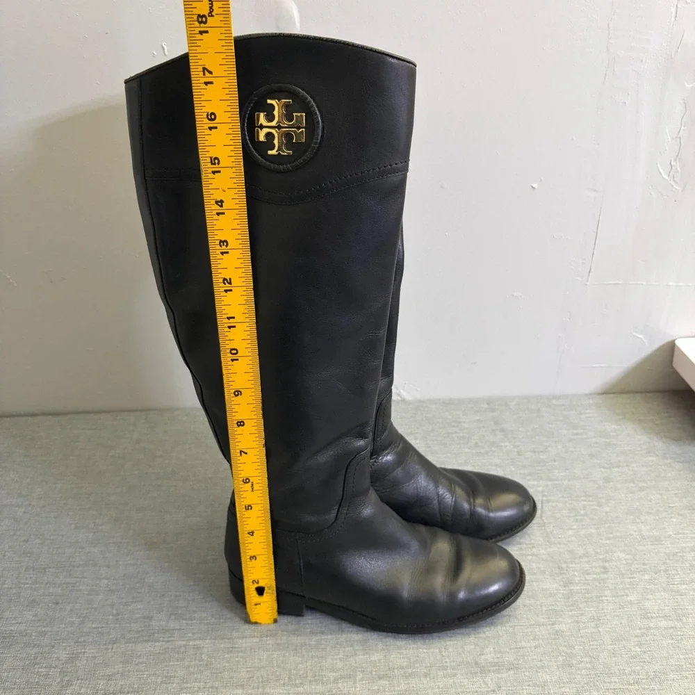 Tory Burch Riding Boots Womens 7.5 Kiernan Leather Tall Gold‎ Logo Medallion